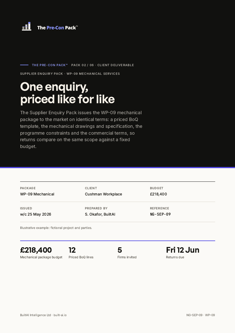Page 1 of the M&E supplier enquiry pack sample document
