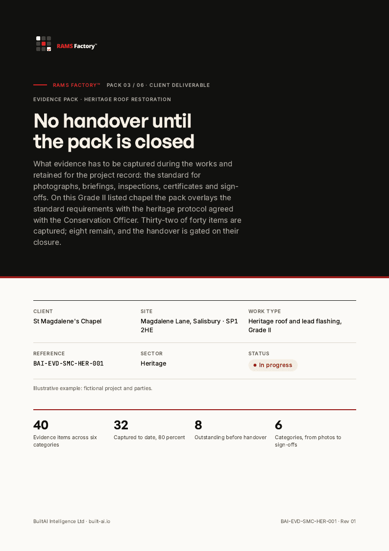 Page 1 of the Evidence pack checklist sample document