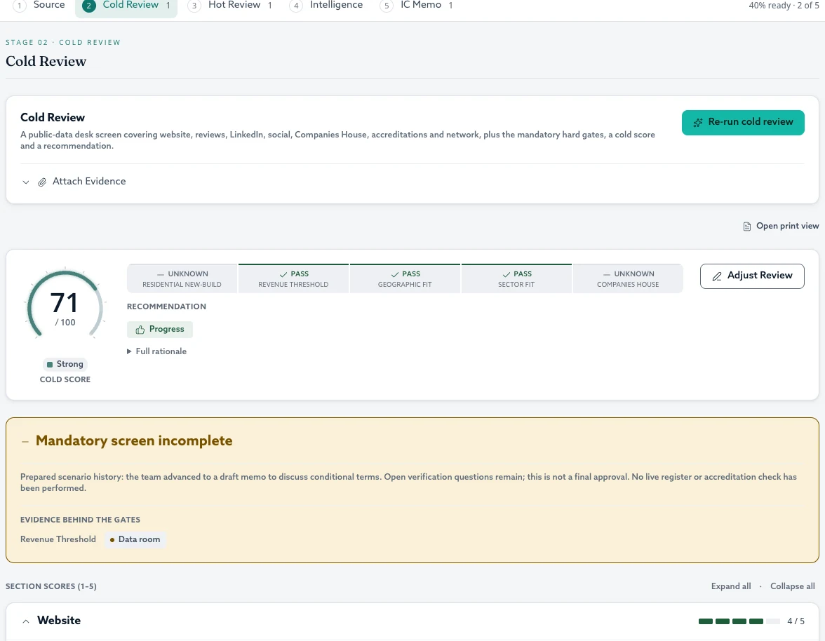 Prepared Cold Review with a score of 71 and a prominent Mandatory screen incomplete warning. Residential new-build and Companies House checks remain unknown.